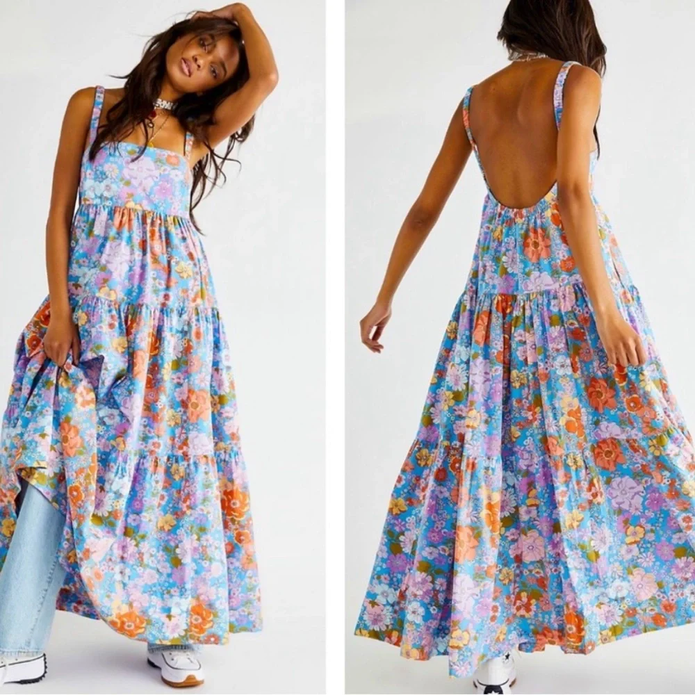 Free People Park Slope Retro Blue Floral Maxi Dress M - Picture 16 of 16